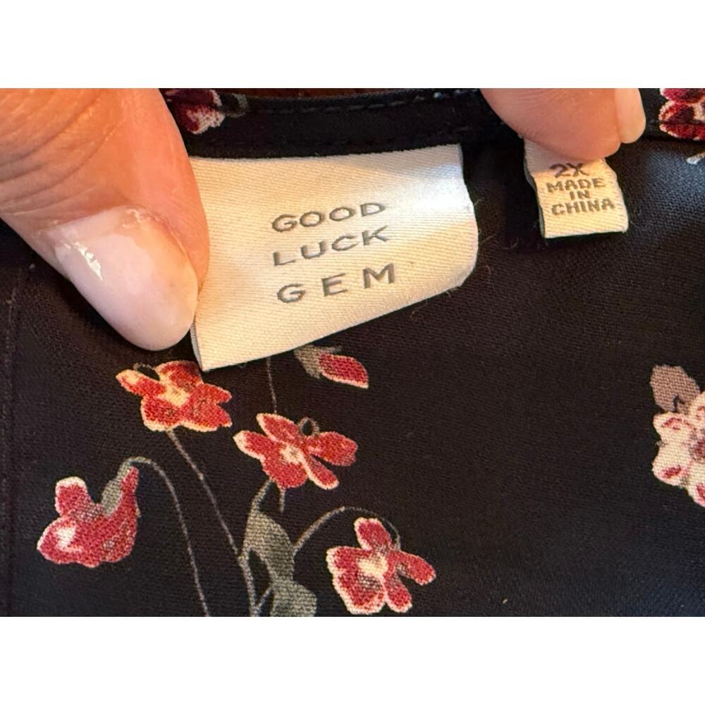 Good Luck Gem Black Red Floral Ruffle Hem A-line Tank Top Size 2X Romantic - Picture 3 of 8
